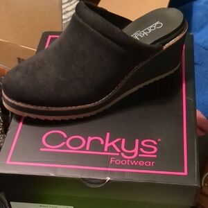 Corkys Black Suede Mules with Wedge Heel